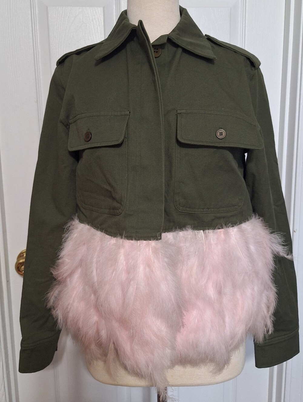 Lea & Viola Women’s Olive Green Utility Feather-Trim Twill Jacket Cropped Size S